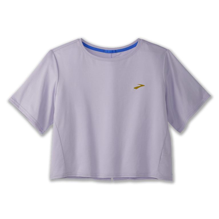 Brooks RUN WITHIN CROP Short Sleeve Running Shirt Womens Outlet - Violet Dash Stripe/Lavender Purple